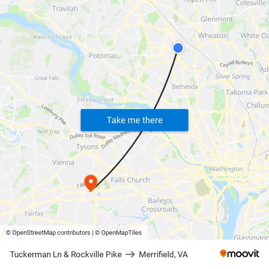 Tuckerman Ln & Rockville Pike to Merrifield, VA map