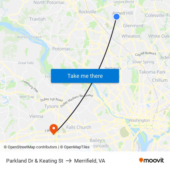 Parkland Dr & Keating St to Merrifield, VA map