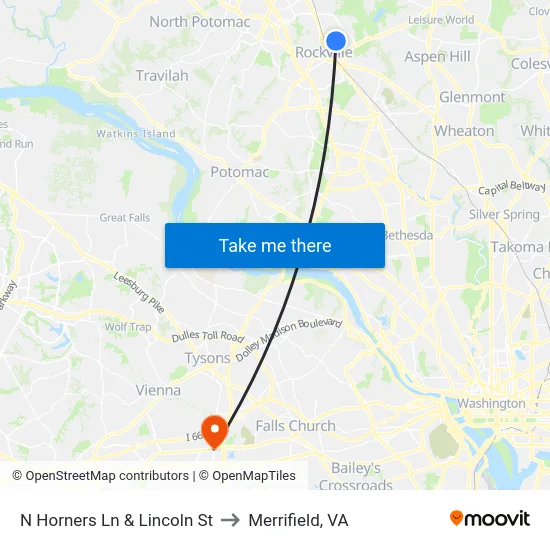 N Horners Ln & Lincoln St to Merrifield, VA map