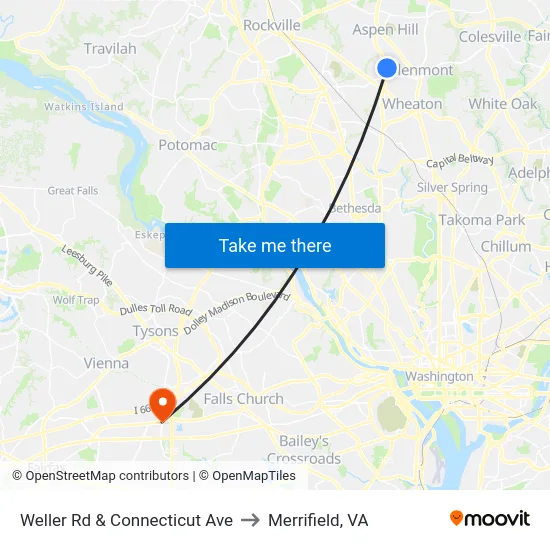 Weller Rd & Connecticut Ave to Merrifield, VA map