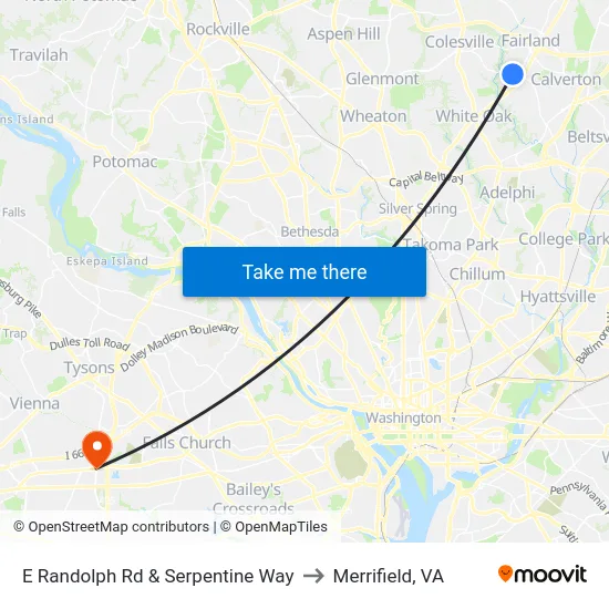 E Randolph Rd & Serpentine Way to Merrifield, VA map