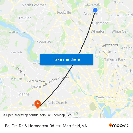 Bel Pre Rd & Homecrest Rd to Merrifield, VA map