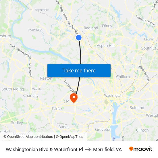 Washingtonian Blvd & Waterfront Pl to Merrifield, VA map