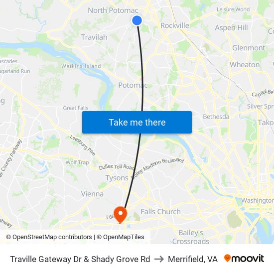 Traville Gateway Dr & Shady Grove Rd to Merrifield, VA map