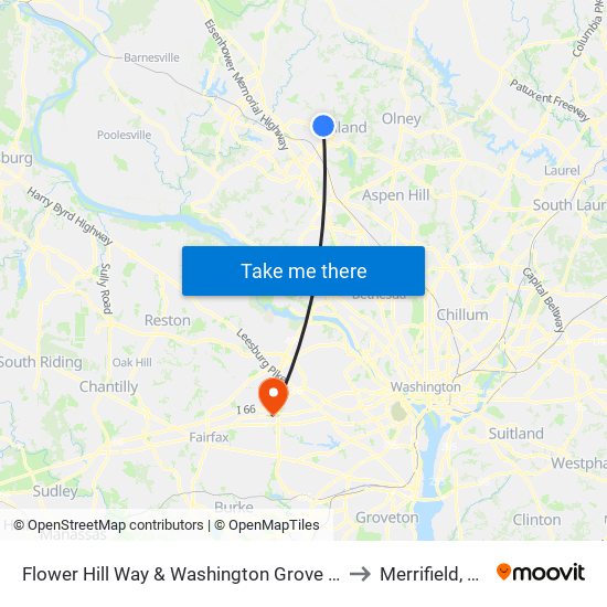 Flower Hill Way & Washington Grove Ln to Merrifield, VA map