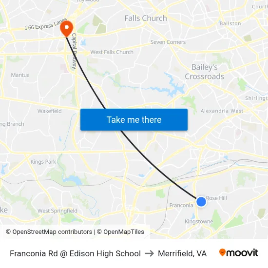 Franconia Rd @ Edison High School to Merrifield, VA map