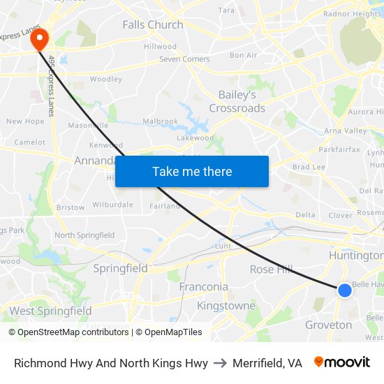 Richmond Hwy And North Kings Hwy to Merrifield, VA map