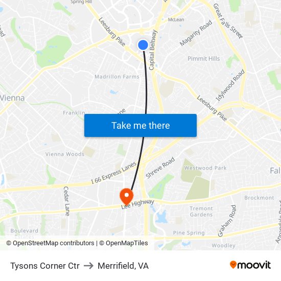 Tysons Corner Ctr to Merrifield, VA map