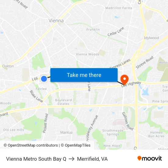 Vienna Metro South Bay Q to Merrifield, VA map