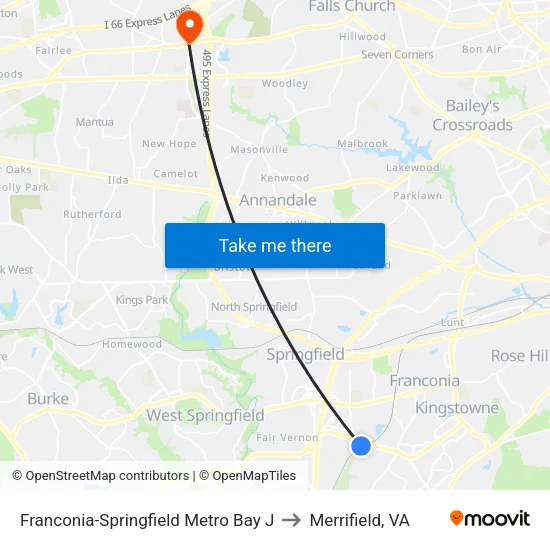 Franconia-Springfield Metro Bay J to Merrifield, VA map