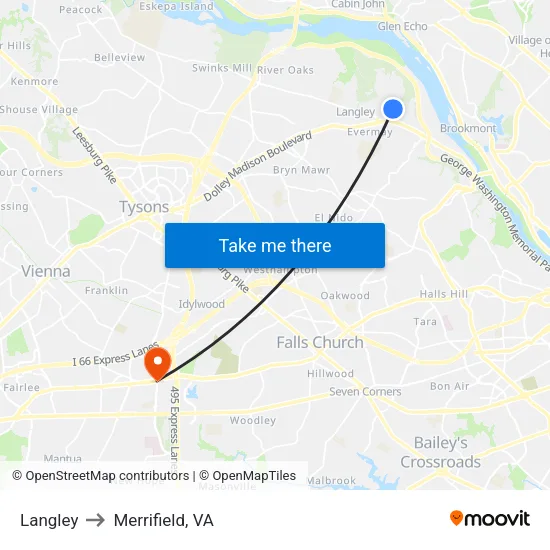 Langley to Merrifield, VA map