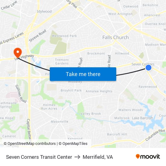 Seven Corners Transit Center to Merrifield, VA map