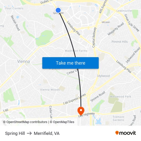 Spring Hill to Merrifield, VA map