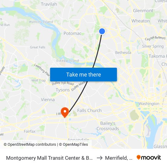 Montgomery Mall Transit Center & Bay E to Merrifield, VA map