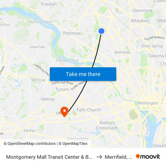 Montgomery Mall Transit Center & Bay D to Merrifield, VA map