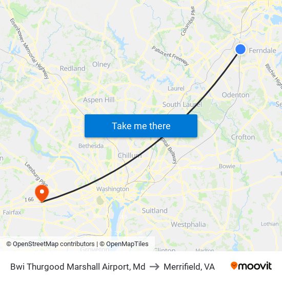 Bwi Thurgood Marshall  Airport, Md to Merrifield, VA map