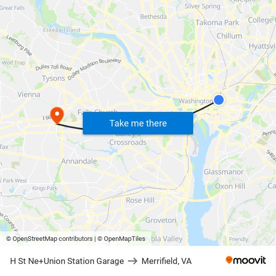 H St Ne+Union Station Garage to Merrifield, VA map