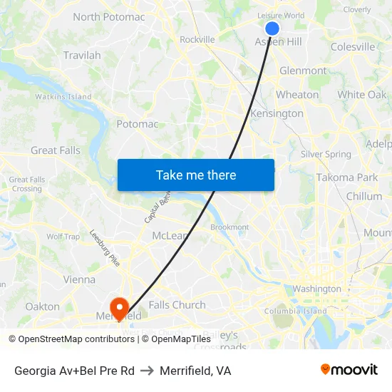 Georgia Av+Bel Pre Rd to Merrifield, VA map
