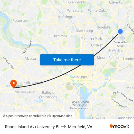 Rhode Island Av+University Bl to Merrifield, VA map