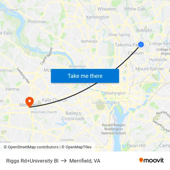Riggs Rd+University Bl to Merrifield, VA map
