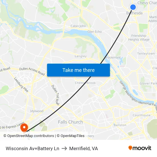 Wisconsin Av+Battery Ln to Merrifield, VA map