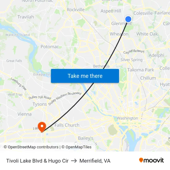 Tivoli Lake Blvd & Hugo Cir to Merrifield, VA map