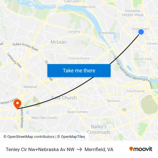 Tenley Cir Nw+Nebraska Av NW to Merrifield, VA map