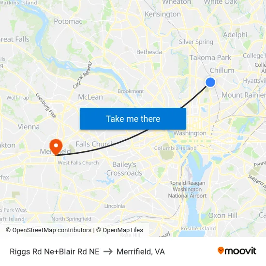 Riggs Rd Ne+Blair Rd NE to Merrifield, VA map