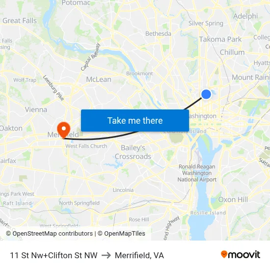 11 St Nw+Clifton St NW to Merrifield, VA map