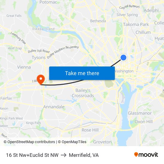 16 St Nw+Euclid St NW to Merrifield, VA map