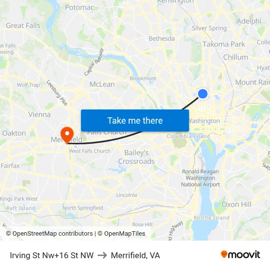 Irving St Nw+16 St NW to Merrifield, VA map