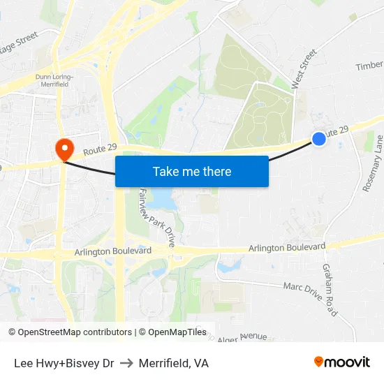 Lee Hwy+Bisvey Dr to Merrifield, VA map