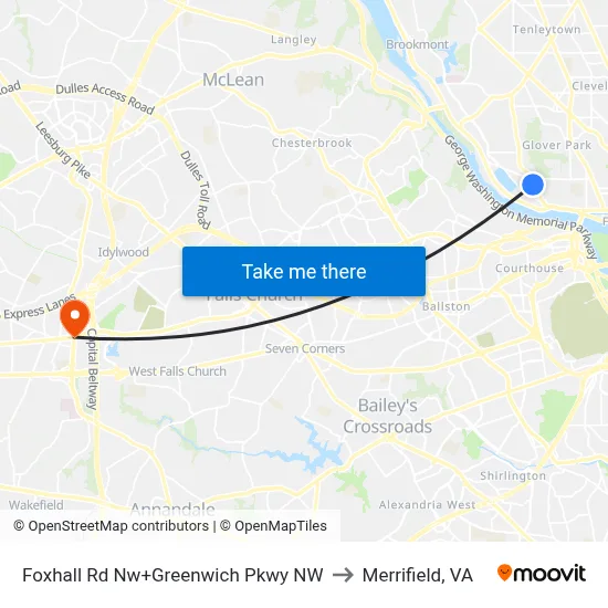 Foxhall Rd Nw+Greenwich Pkwy NW to Merrifield, VA map