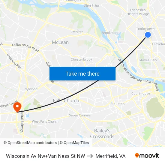 Wisconsin Av Nw+Van Ness St NW to Merrifield, VA map