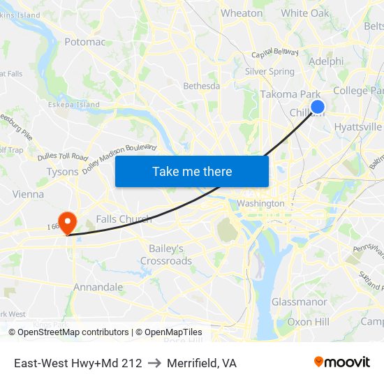 East-West Hwy+Md 212 to Merrifield, VA map