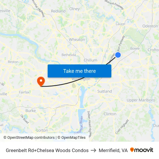 Greenbelt Rd+Chelsea Woods Condos to Merrifield, VA map