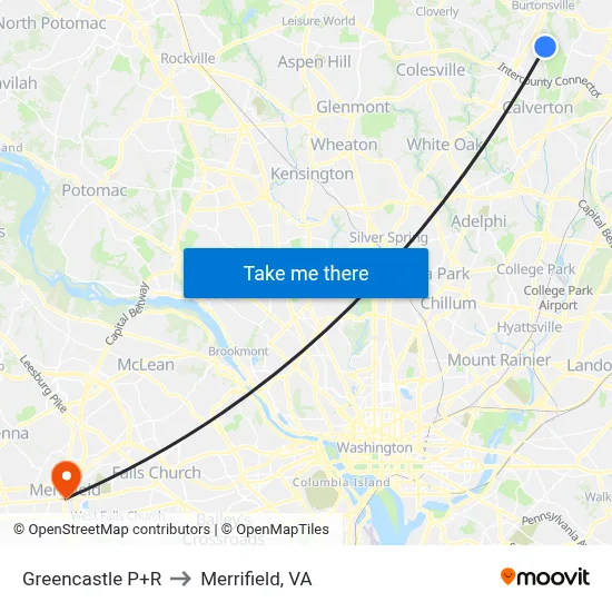Greencastle P+R to Merrifield, VA map