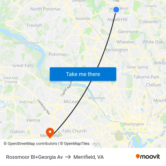 Rossmoor Bl+Georgia Av to Merrifield, VA map