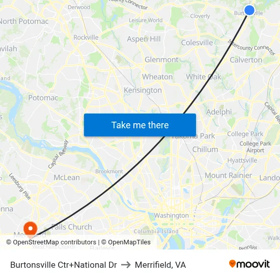 Burtonsville Ctr+National Dr to Merrifield, VA map