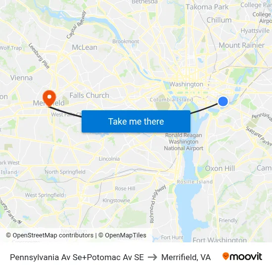 Pennsylvania Av Se+Potomac Av SE to Merrifield, VA map