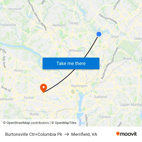 Burtonsville Ctr+Columbia Pk to Merrifield, VA map