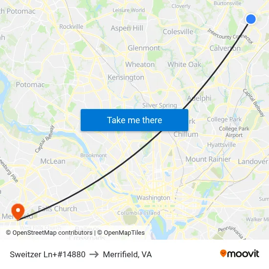 Sweitzer Ln+#14880 to Merrifield, VA map