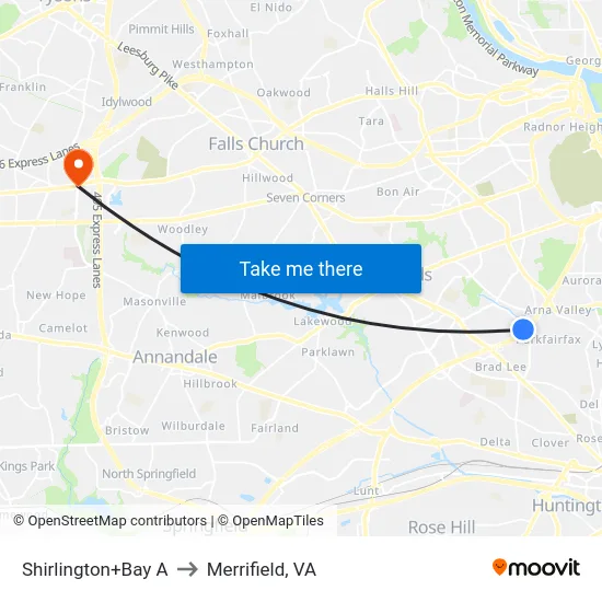 Shirlington+Bay A to Merrifield, VA map