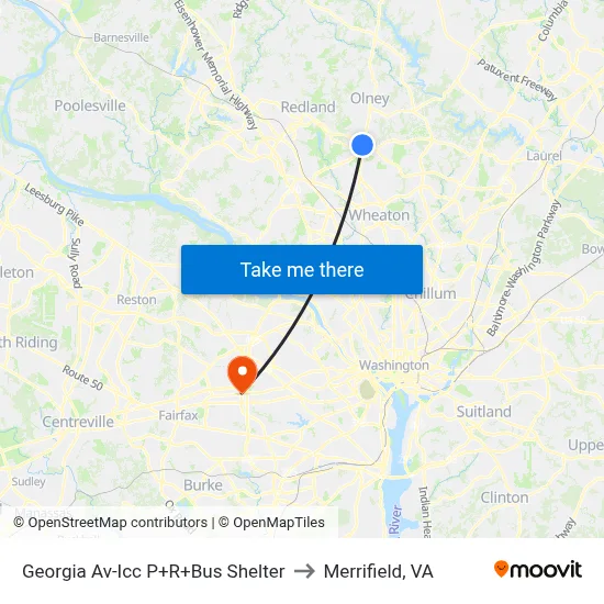 Georgia Av-Icc P+R+Bus Shelter to Merrifield, VA map