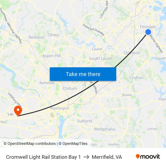 Cromwell Light Rail Station Bay 1 to Merrifield, VA map