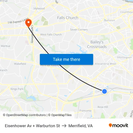 Eisenhower Av + Warburton St to Merrifield, VA map