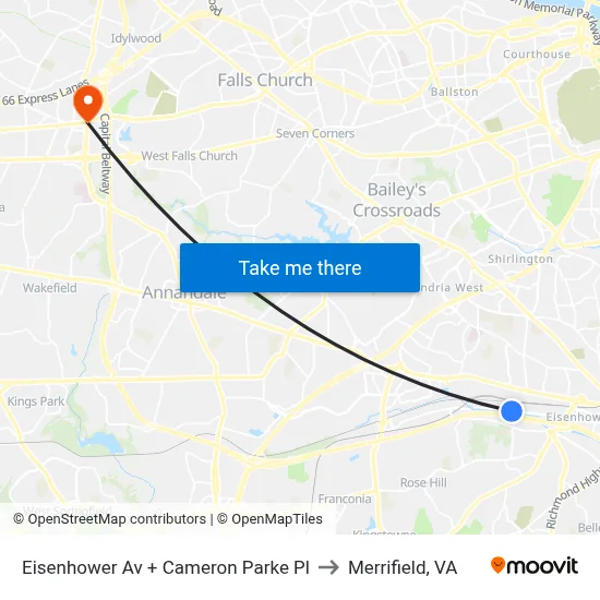 Eisenhower Av + Cameron Parke Pl to Merrifield, VA map
