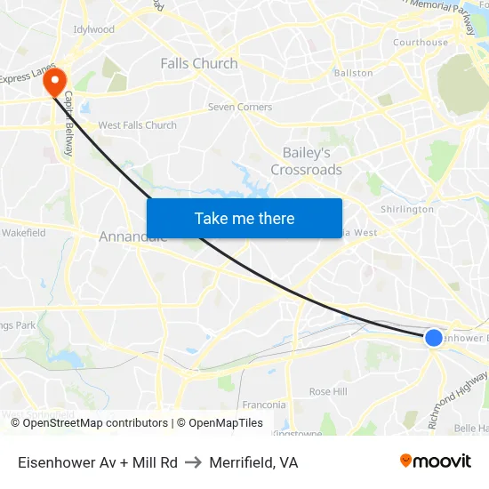 Eisenhower Av + Mill Rd to Merrifield, VA map