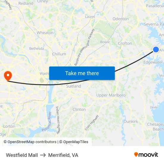 Westfield Mall to Merrifield, VA map