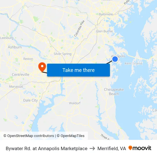 Bywater Rd. at Annapolis Marketplace to Merrifield, VA map